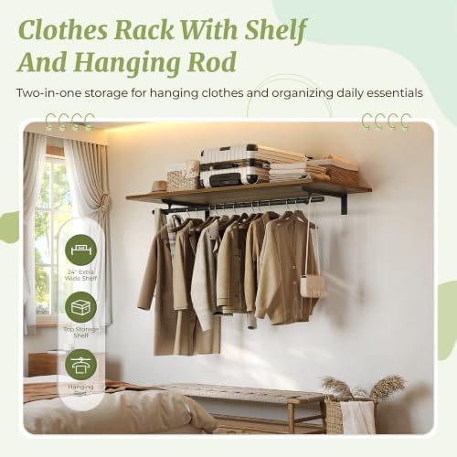 IAE Wall Mounted Clothes Rack with Shelf and Hanging Rod, 48x24in, Walnut - Image 6