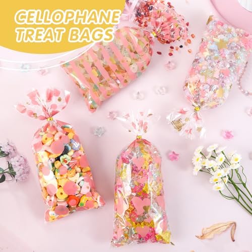 COQOFA 100 Pcs 5"X11" Cello Cellophane Treat Bags Party Favor bags Pink Candy Cookie Bags Clear Plastic Goodie Bags with Twist Ties for Gift,Baby Shower, Birthday, Wedding,Party - Image 5