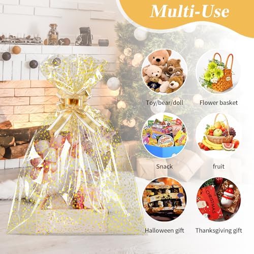 COQOFA 20 Pieces Large Cello/Cellophane Bags 18x30 Inches Clear Basket Gift Bags Gold Star Printed OPP Plastic Cellophane Wrap for Baskets Gift Packaging with Gold Pull Bows - Image 6