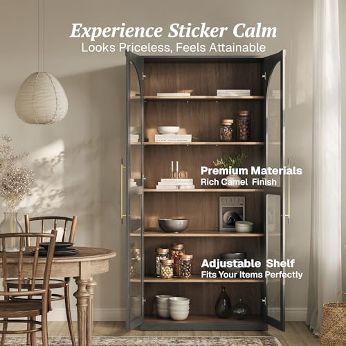 BELLEZE Modern Wood Wine Curio Cabinets with 4 Adjustable Shelves. 67" Storage Cabinet, 6 Shelf Glass Bookshelf Display Cabinet, Trophy Display Case for Living Room, Wine, Ebony - Image 5