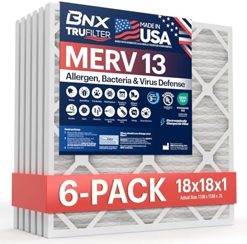 BNX TruFilter 18x18x1 Air Filter MERV 13 (6-Pack) - MADE IN USA - Electrostatic Pleated Air Conditioner HVAC AC Furnace Filters for Allergies, Pollen, Mold, Bacteria, Smoke, Allergen, MPR 1900 FPR 10 by BNX
