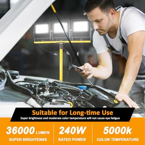36000Lumen LED Work Lights with Stand - 3 Head Foldable Work Light on Stand with 16FT Cord - IP67 Waterproof Tripod Lights for Outdoor Indoor Job Site Workshop Garage Construction Tripod Lighting - Image 2
