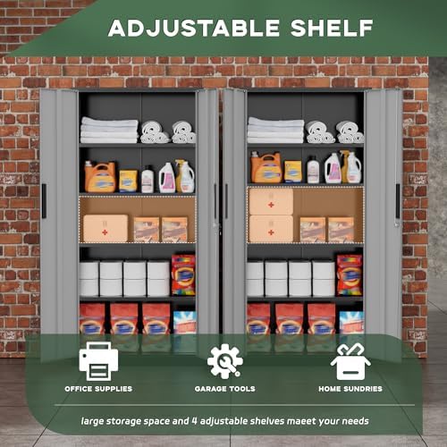 Greenvelly Metal Garage Storage Cabinet, 72" Black Gray Tool Steel Locking Cabinet with Doors and 4 Shelves, Tall Cabinets for Garage Storage Systems Lockable File Cabinet for Home Office,Garage - Image 6