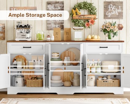 usikey 71" Buffet Cabinet with Storage, Large Sideboard Cabinet with 2 Drawers & 6 Doors, Modern Farmhouse Coffee Bar Cabinet, White - Image 4
