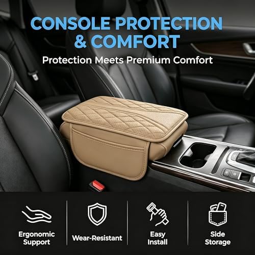 Car Center Console Cover, Leather Car Armrest Cover with 2 × Storage Bags, Waterproof Auto Arm Rest Covers Pad, Universal Console Covers for Storage Box Protector for Vehicle SUV Truck (Beige) - Image 5
