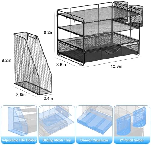 gianotter Desk Organizers and Accessories with File Holder, 4-Tier Desk Accessories & Workspace Organizers with Drawer and 2 Pen Holder, Paper Organizer for Office Supplies (Black) - Image 5
