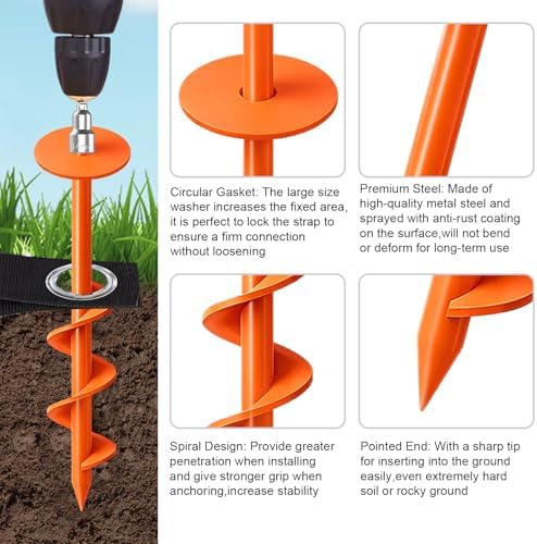 Eurmax USA 4 Pack Universal Ground Anchors High Wind, Heavy Duty Screw-in Trampoline Stakes with 4 Straps, Upgraded Commercial Anchor Kit for Outdoor Sheds, Swing Sets & Mobile Homes (Orange) - Image 4