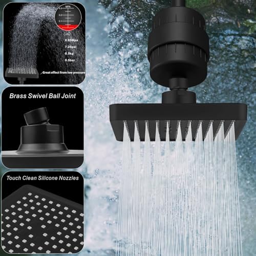 Voolan Filtered Shower Head - 20 Stage Luxury Rain Shower Filter For Hard Water for Remove Chlorine and Harmful Substances - 6" Square High Pressure Rainfall Showerhead (Matte Black) - Image 4
