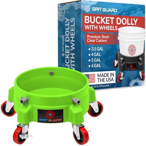 Grit Guard Bucket Dolly with Wheels - Rolling Detailing Wash Bucket with 5 Wheels and 2 Locking Casters Compatible with 2.5, 4, 5 and 6 Gallon Buckets (Green, 3" Red Casters) - Made in the USA by GritGuardInc
