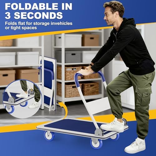 Foldable Push Cart Dolly | 330 lbs. Capacity | Heavy Duty Moving Platform Hand Truck with Swivel Wheels | Small Flatbed Cart | Space Saving Push Handle-b3 - Image 3
