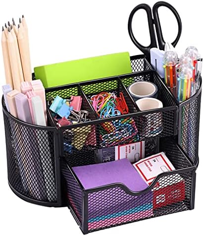 EOOUT Desk Organizer Black Mesh Pencil Holder 8 Compartments 1 Drawer by EOOUT