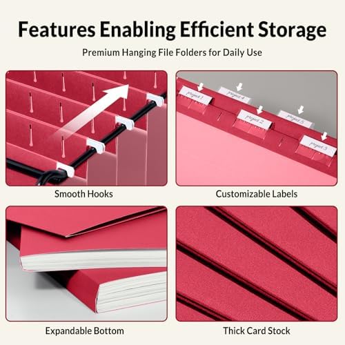 SUNEE Hanging File Folders, 25 Pack Letter Size Hanging File Folders with 1/5-Cut Tabs, Ideal for Home and Office Organization and Papers Classification,Red - Image 3