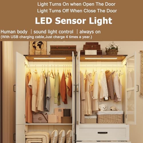 75" Tall Farmhouse 4 Doors Armoire Wardrobe Closet with 3 Drawers and LED,Freestanding Closet Wardrobe Cabinet for Bedroom with Hanging Rod,Wooden Armoire Storage Cabinet Adjustable(Rustic Off White) - Image 5