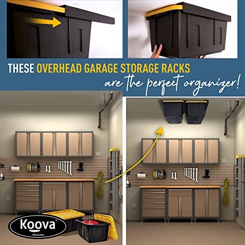 Koova Heavy-Duty Overhead Garage Storage Rack for 2 Bins. Adjustable Width, 80lb Capacity. DIY Safe Ceiling Mount, Easy Install. Fits 27-Gallon Totes. USA Made Pro-Grade Steel. Space Saving Organizer - Image 5