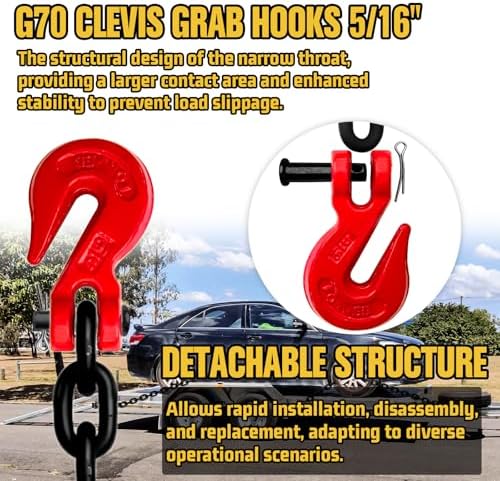 G80 Transport Binder Chain 5/16" x10ft - 4900 lbs WLL Heavy Duty Tow Chain for Trailers & Trucks - Clevis Grab Hooks (Oiled Black) - ASTM A306 Compliant - Image 4