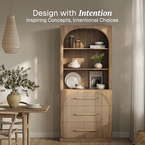 BELLEZE Display Storage Cabinet with Hutch, 72" Tall Wood Modern Bookshelf with 3 Drawers, Cabinet for Office, Study, Kitchen, Dining Living Room, Camel - Image 3