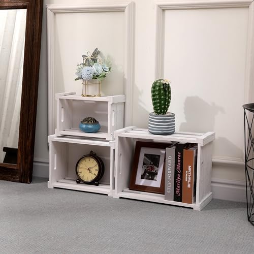 Set of 3 Nesting Wooden Crates, Small Rustic Farmhouse Wood Storage Boxes with Handles, Stackable Compact Organizer Bins for Kitchen Bathroom Bedroom Decor, 3 Sizes & 3 Colors (White, Brown, Black) - Image 2
