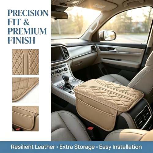 Car Center Console Cover, Leather Car Armrest Cover with 2 × Storage Bags, Waterproof Auto Arm Rest Covers Pad, Universal Console Covers for Storage Box Protector for Vehicle SUV Truck (Beige) - Image 4