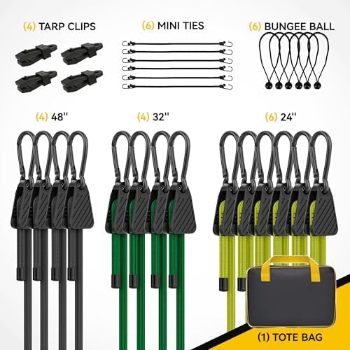 Bungee Cords with Hooks, Upgrade 30pcs Assortment Heavy Duty Outdoor with 24'' 32'' 48'' Adjustable Bungee Cords, 10'' J Hooks Cord, 6" Canopy Tarp Ball Ties and Tarp Clips Drawstring Organizer Bag - Image 2