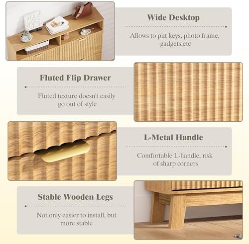 HUANLEGO Shoe Cabinet Storage for Entryway with 4 Flip Drawers, Fluted Narrow Shoe Organizer with Wooden Legs & Top Cubby, Freestanding Slim Shoe Storage Hidden Shoe Rack for Front Door Entrance, Oak - Image 6