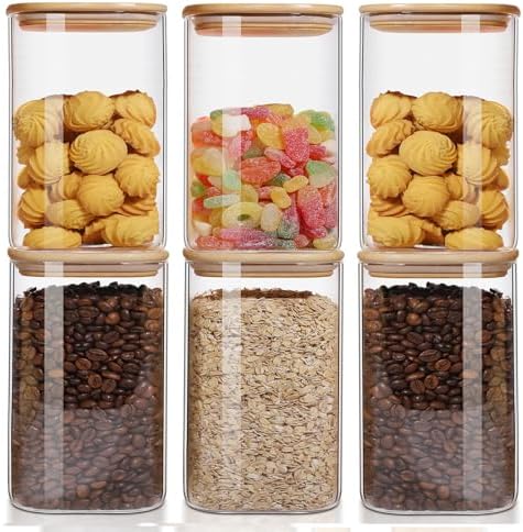 50oz Glass Food Storage Jars Set of 6,Glass Storage Containers Clear Glass Food Canister with Bamboo Lid Airtight For Serving Tea, Coffee, Flour, Sugar, Candy, Cookie, Spice and More (Square) by Liuruiyu