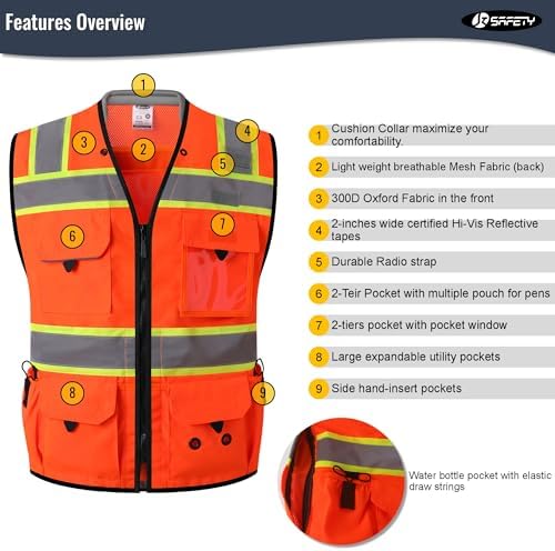 JKSafety Hi-Vis Unisex Surveyor Safety Vest Heavy Duty PPE Inner Pockets ANSI/ISEA Compliant - Image 5