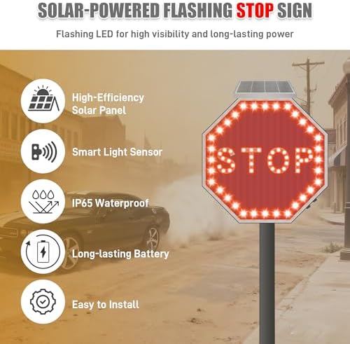 24" Solar Stop Sign-LED Solar Powered Flashing Stop Sign, Heavy Duty Blinking Road Traffic Stop Warning Signs with Aluminum Frame & Engineered Reflective Film, IP65 Wateproof for Street Driveway Outdoor - Image 6