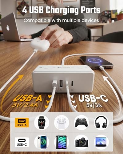 10Ft Long Extension Cord, SUPERDANNY Flat Plug Surge Protector Power Strip - Image 5