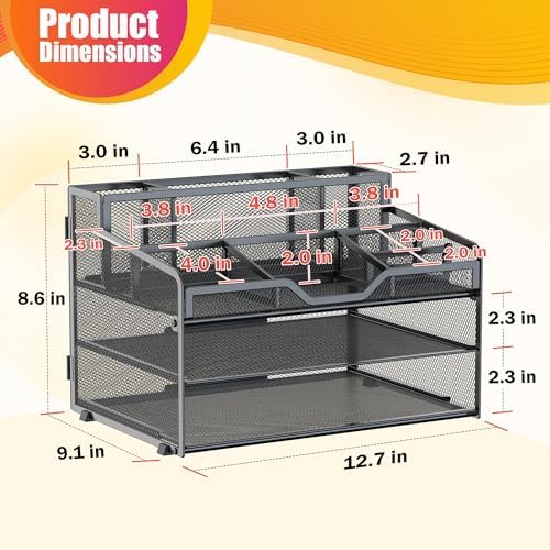 Docnest 3 Tier Mesh Desk Organizer with Letter Tray & Paper Sorter, Black - Image 3