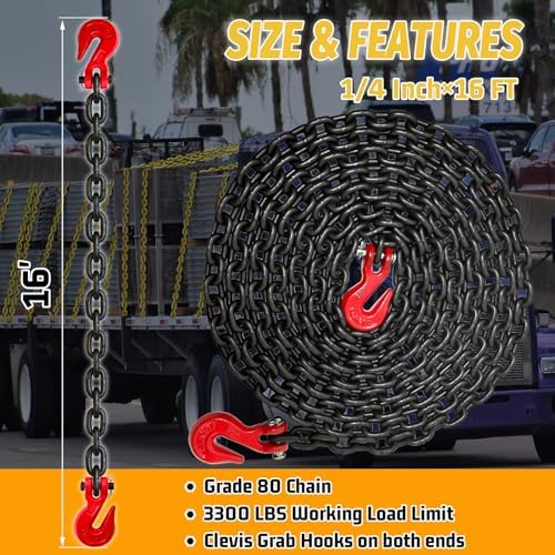 1/4" Tow Chain-G80 Transport Safety Chain with G70 Clevis Grab Hook for Towing|16FT Log Chains Wll 3300 Lbs|Heavy Duty Chain for Trailer Truck Tie Down Binding Equipment(Oiled Black) - Image 2