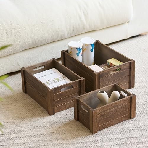 Large Vintage Brown Wooden Crates For Storage,Nesting Handmade Solid Wood Vintage Black Wood Storage Boxes.Storage Crates For Organizing. - Image 3