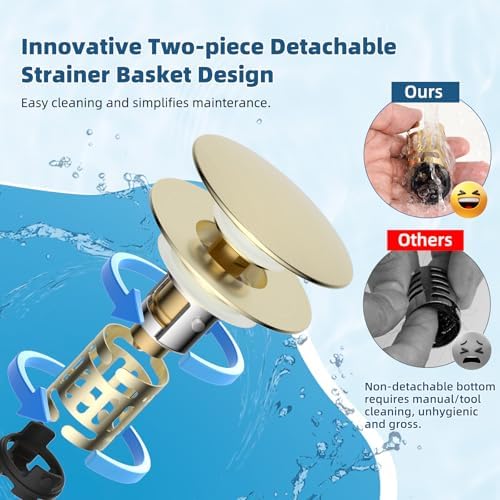 Hibbent 2 Pack Upgraded 3 in 1 Bathroom Sink Drain Strainer, Pop Up Sink Stopper with Big Cap, Anti-Clogging Metal Filter Basket,Sink Plug with Hair Catcher for 1.1''~2.36'' Basin, Brushed Gold - Image 4