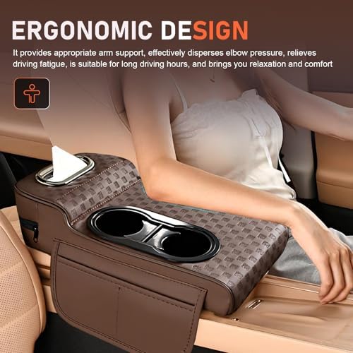 Car Center Console Cover, Microfiber Leather Car Armrest Cover Cushion with 2 Storage Bags, Cup Holders, Tissue Box Slot, Universal Car Armrest Storage Box for Most Vehicles (Coffee) - Image 7