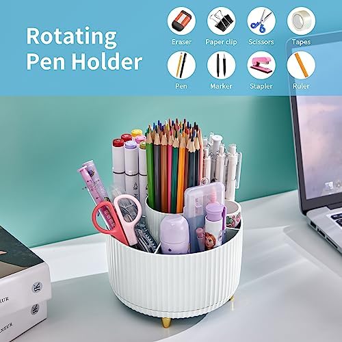 Marbrasse Desk Organizer, 360-Degree Rotating Pen Holder, Desk Organizers and Accessories with 5 Compartments Pencil Holder, Art Supply Storage Box Caddy for Office, Home（White） - Image 3