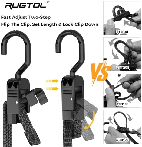 Rugtol Bungee Cords with Hooks, 48 Inch Adjustable Flat Bungee Straps with Quick Release Buckle, Rubber Black Heavy Duty Elastic Cords with Metal Hooks for Bike Rack, Outdoor, Camping, Tarp, 6 Pack - Image 4