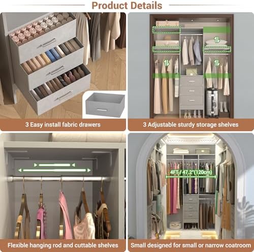 Besiost 4FT Small Closet System with 3 Fabric Drawers, 48'' Closet Organizer System With 3 Adjustable Shelves, Flexible Built-In Clothes Garment Rack for Small Space, 48" L x 13" W x 71" H, Grey - Image 4