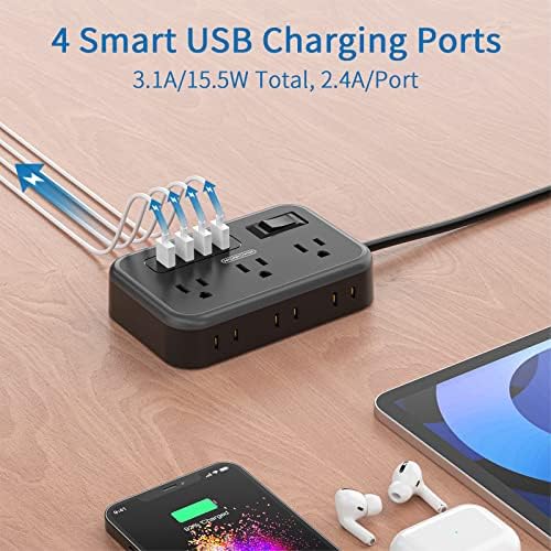 Flat Plug Extension Cord 10 Ft, NTONPOWER 6 Widely Spaced Outlet(2 Side) Power Strip with 4 USB Ports, Overload Protection, Wall Mount Charging Station for Home Office, Nightstand and dorm room, Black - Image 5