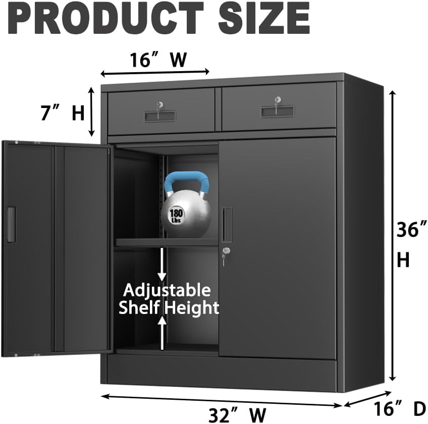 CJF Metal Storage Cabinet, Locking Cabinet with Adjustable Shelf and 2 Drawers, Metal Cabinets for Office, Home, Garage 36" H x 32" W x 16" D (Black) - Image 3
