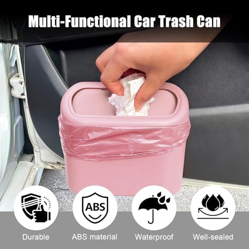 Car Trash Can with Lid, Leakproof Mini Car Garbage Can with Trash Bags Pink - Image 3