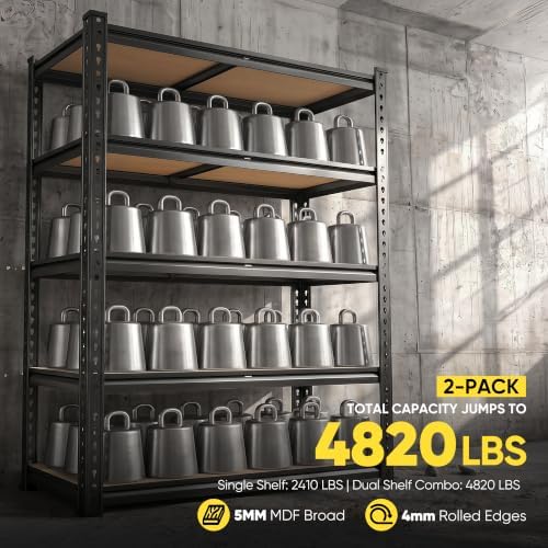REIBII Garage Shelving, 5-Tier Storage Shelves Load 2410LBS, Adjustable Storage Rack for Garage, Pantry, Closet, Steel Frame, 35.6" W x 72.1" H x 16.1" D, Black, 2PC - Image 4
