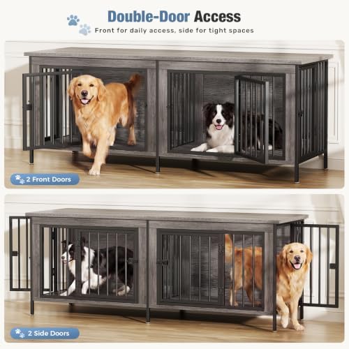 DUMOS 63" Dog Crate Furniture for 2 Dogs with Divider, Gray Wood Grain - Image 2