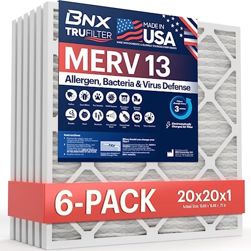 BNX TruFilter 20x20x1 Air Filter MERV 13 AC Filter, HVAC Furnace Filter, 6 Pack (ACTUAL SIZE 19.69"x19.69"x0.75") Allergies, Dust, Pet Dander & Smoke - MADE IN USA - MPR1500 / FPR 10 by BNX