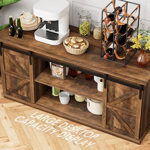 Shahoo Farmhouse Sideboard Buffet Cabinet, Coffee Bar Storage with Sliding Barn Doors, Shelf for Home Dining Room, Barnwood - Image 4