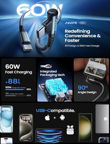 AINOPE Short USB C to USB C Cable 1.5FT 1 Pack 60W Fast Charging Nylon Braided Type C Cable for iPhone 15 Pro Max Plus Samsung Power Bank Travel Essentials - Image 3