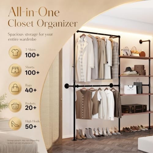 Wall Mounted Clothing Rack, Heavy Duty Pipe Closet, Pine Shelves, 76 In - Image 4