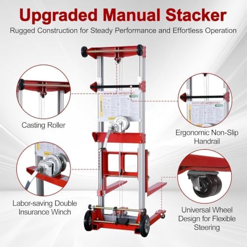 Material Lift Winch Stacker, 400 lbs Capacity, 122" Max Raised Height, Fixed Straddle Hand Winch Lift Trucks for Warehouse, Factory, Library, 34.60"L x 24.80"W,Red - Image 4