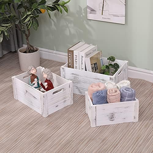 Farmhouse Antique White Wooden Crate For Storage,Rustic Decorative Boxes,Set Of 3 Extra Large Nesting Wooden Storage Crates For Home Decor,Handmade Natural Solid Wood Box (Rustic White) - Image 5