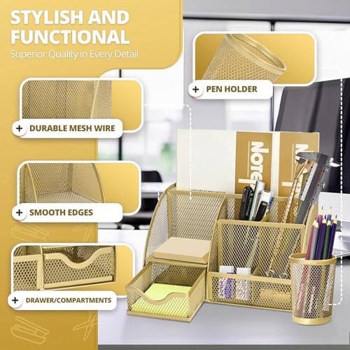 Flexzion Metal Mesh Desk Organizer with Drawer, 6 Compartments, Rose Gold - Image 4