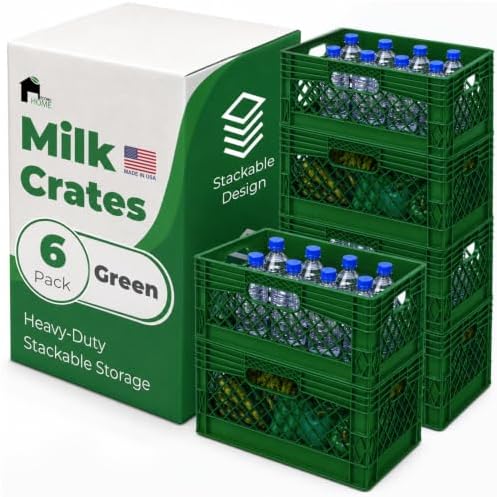 EconoHome Milk Crate - Stackable Storage Crate with Built-In Handles - Heavy Duty Plastic Material - Ventilated Organizer Bin for Garage, Pantry, Classroom, Office & Moving - Green, 19x13x11, 6-Pack by EconoHome