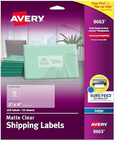 Avery Printable Shipping Labels with Sure Feed, 2" x 4" Customizable Stickers, Matte Clear, 250 Blank Mailing Labels, Great for Mailing, Shipping, and More (8663) by Avery